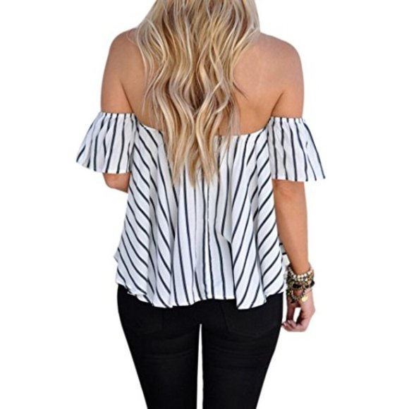 Women's Off Shoulder Stripe Casual Blouse Top - Picture 3 of 5